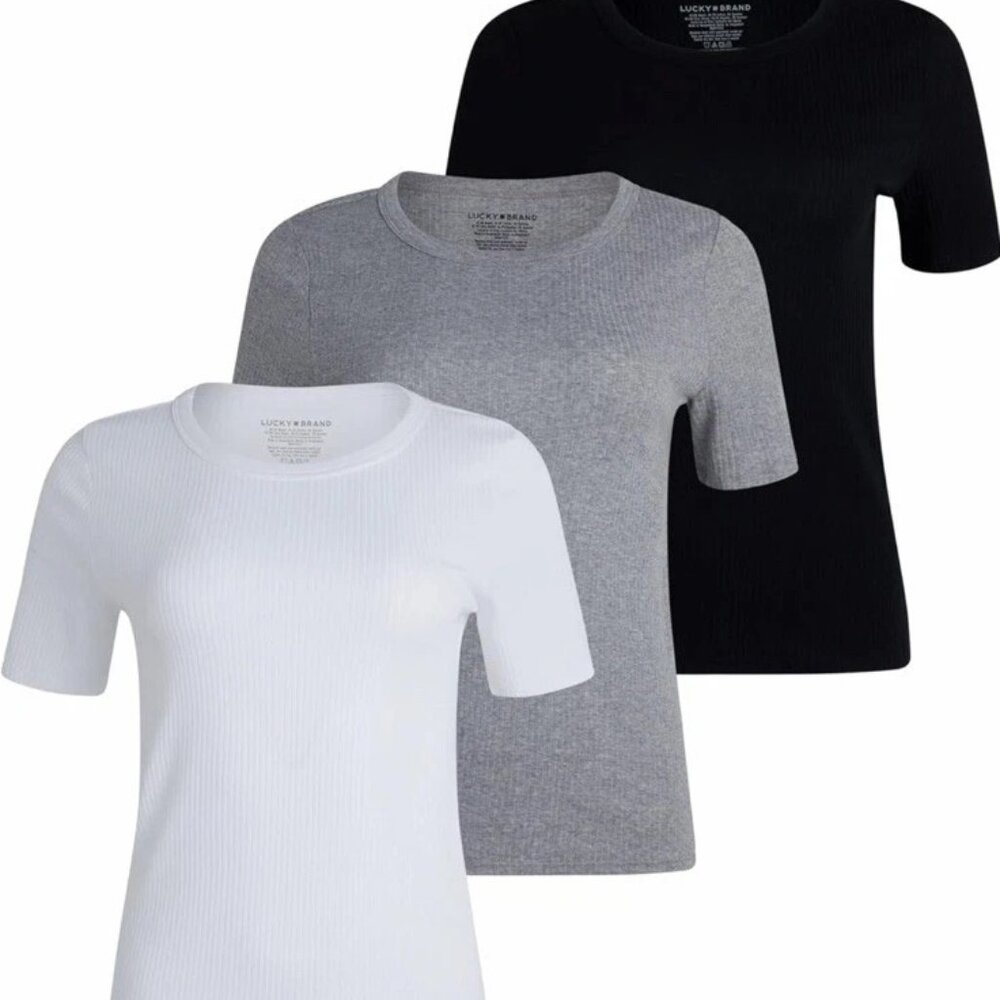 Lucky Brand Ladies’ Ribbed SHORT SLEEVE Crew  3-pack, Multicolor,  L, XL, NWT